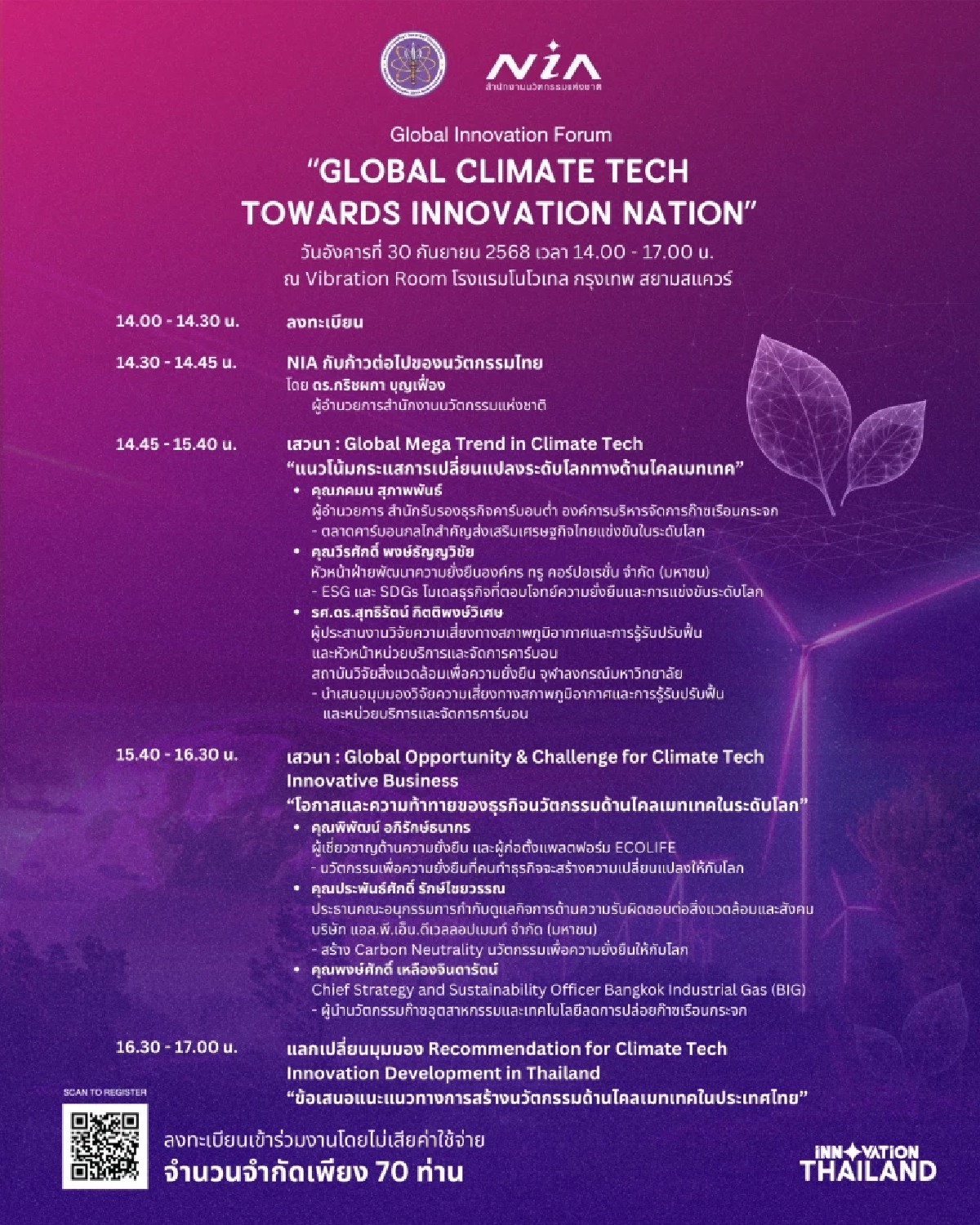 NIA จัดงาน Global Innovation Forum : Climate Tech towards Innovation Nation ขับเคลื่อนนวัตกรรมไทย