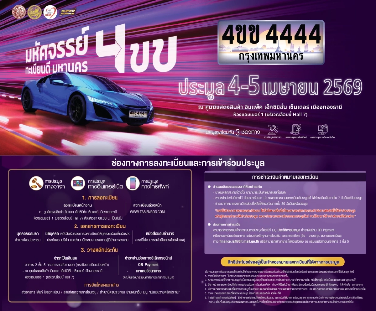กรมขนส่งฯ ชวนประมูลทะเบียนเลขสวย '4ขข' 4-5 เม.ย. นี้ โดยผู้สนใจสามารถลงทะเบียนล่วงหน้าได้ที่ www.tabienrod.com