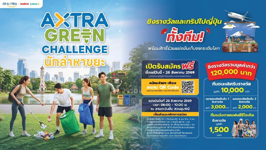 โค้งสุดท้าย! ซีพี แอ็กซ์ตร้า ชวนร่วมงาน “AXTRA GREEN CHALLENGE นักล่าหาขยะ” ชิงรางวัลและทริปไปญี่ปุ่นยกทีม มูลค่ารวมกว่า 120,000 บาท